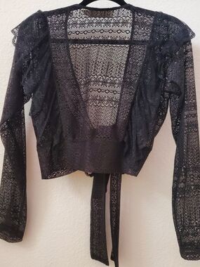 MOUTAKI Black Lace Ruffle Tie-Front Cropped Bolero Shrug | Long Sleeve | Size M